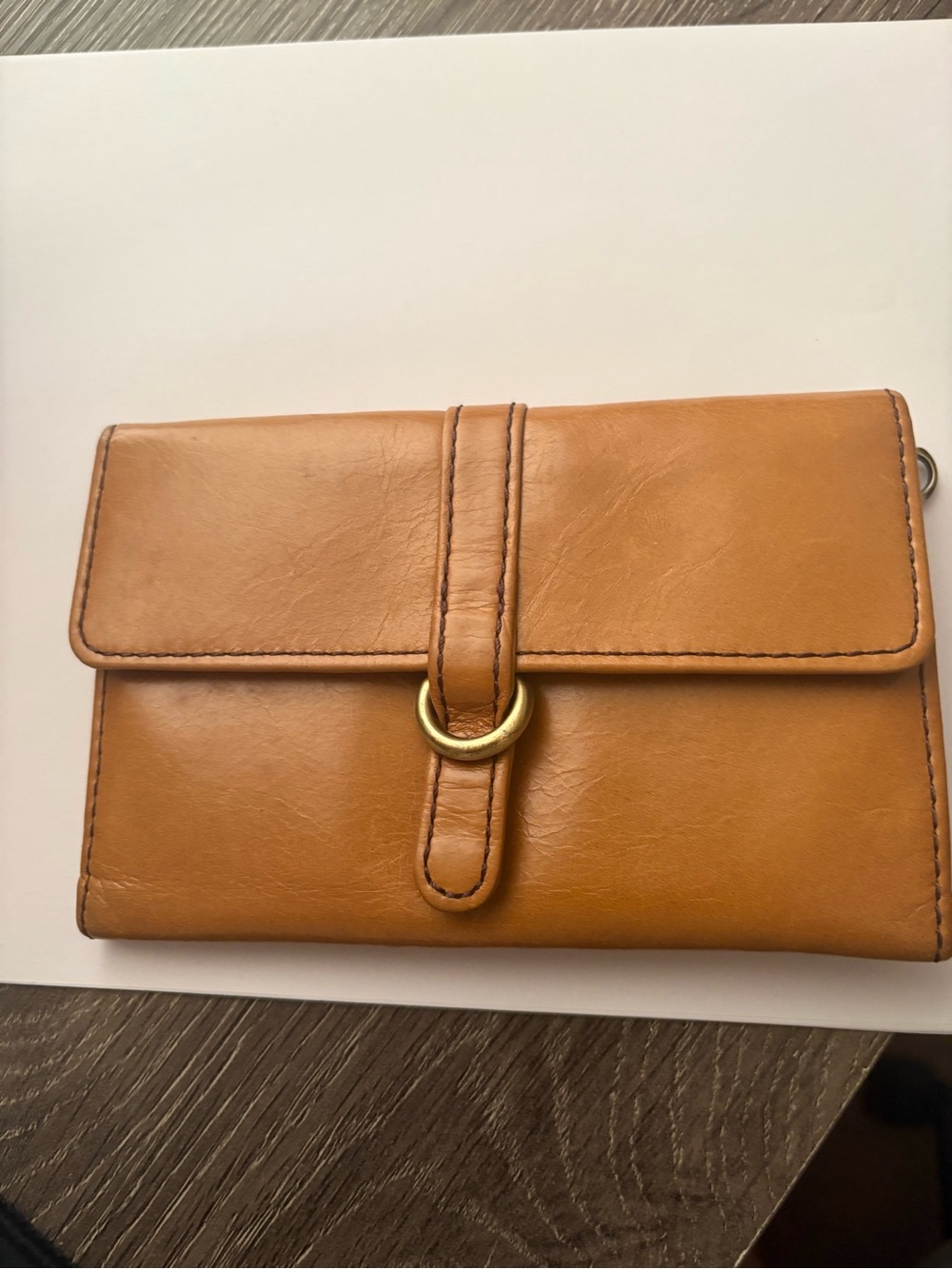 New HOBO Tan Leather Wallet with Gold Ring Accent